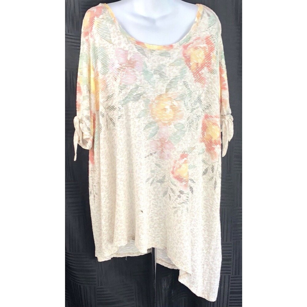 Catherines Knit Top 1X Multi Floral Asymmetrical Hem Tie Accent Sleeve ScoopNeck